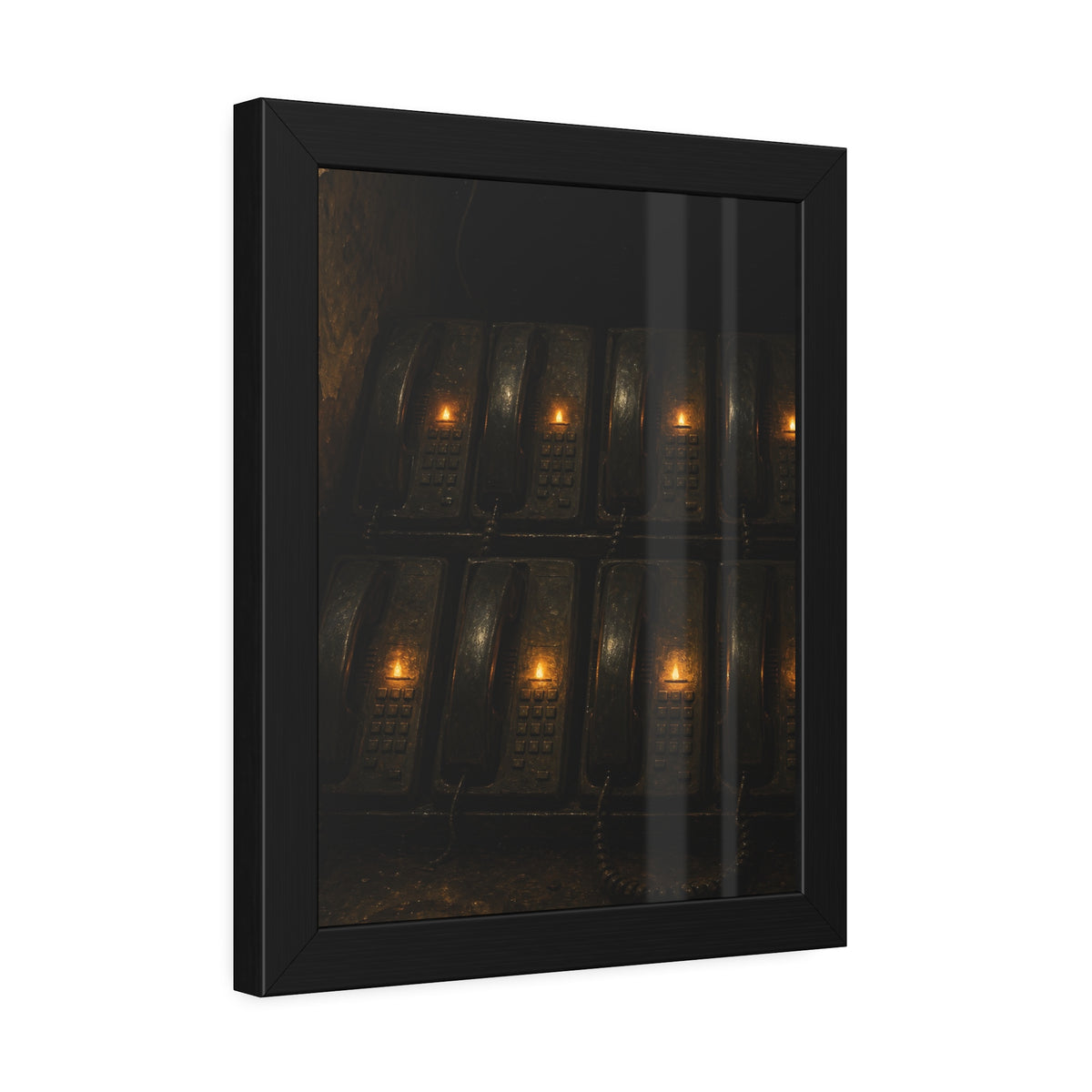 Rows of wall phones, each keypad lit by a small amber flame. The Votive Lights of the Hold Queue by Garabaggio, framed fine art print hanging in a room.