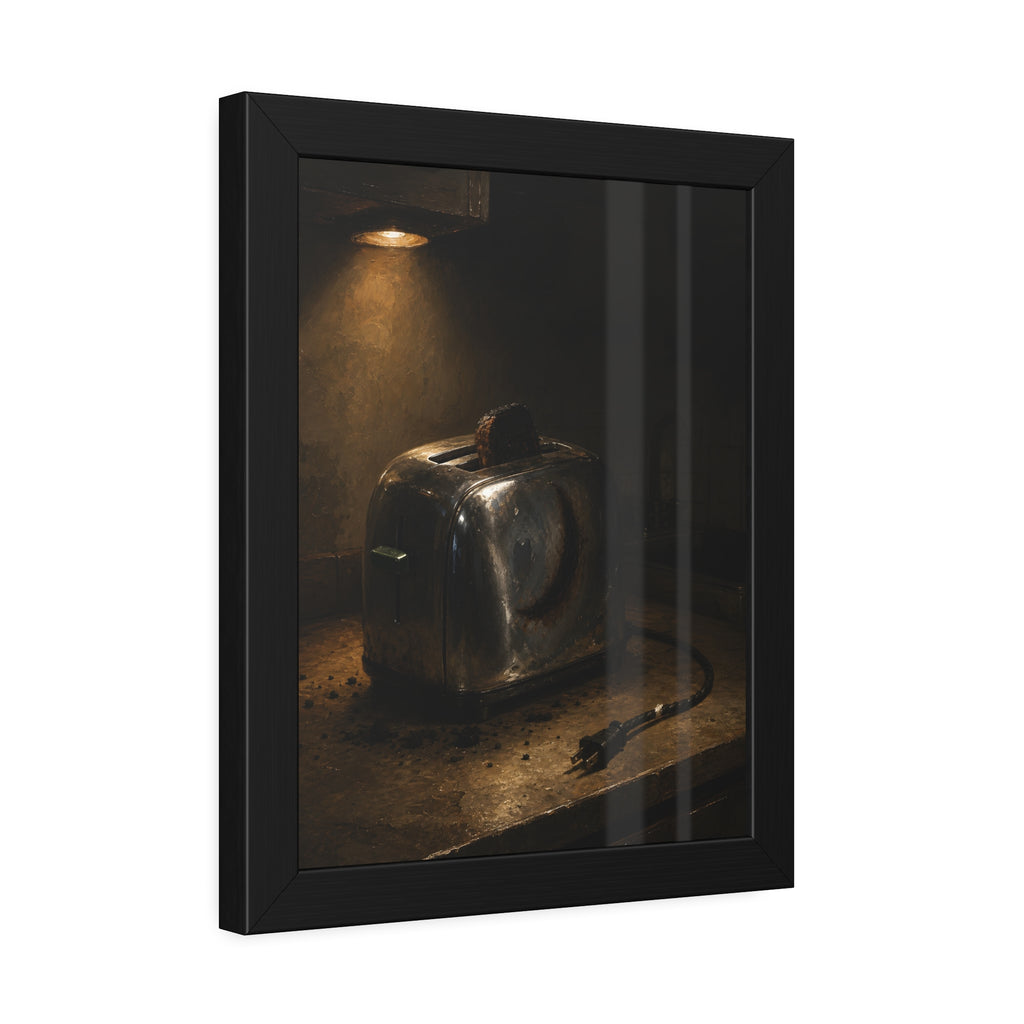 Scorched toaster with burnt toast on a counter under a cabinet light. Breakfast Interrupted by Garabaggio, framed fine art print hanging in a room.