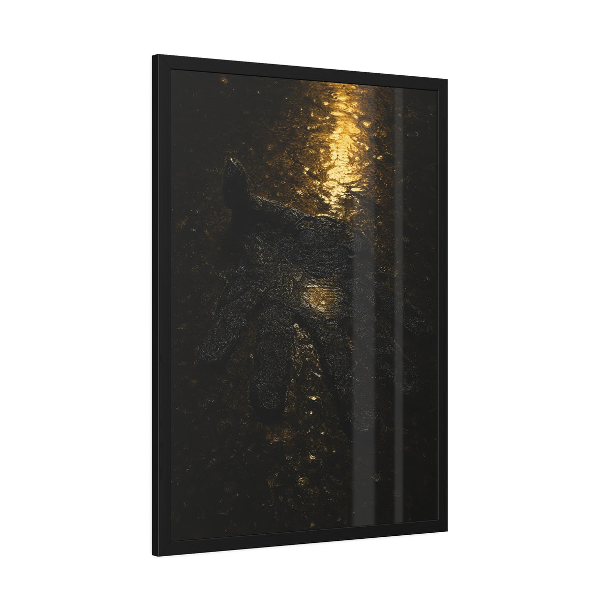 A flattened black glove pressed into wet asphalt beside a light streak. The Flattening, Study No. 1 by Garabaggio, framed fine art print hanging in a room.