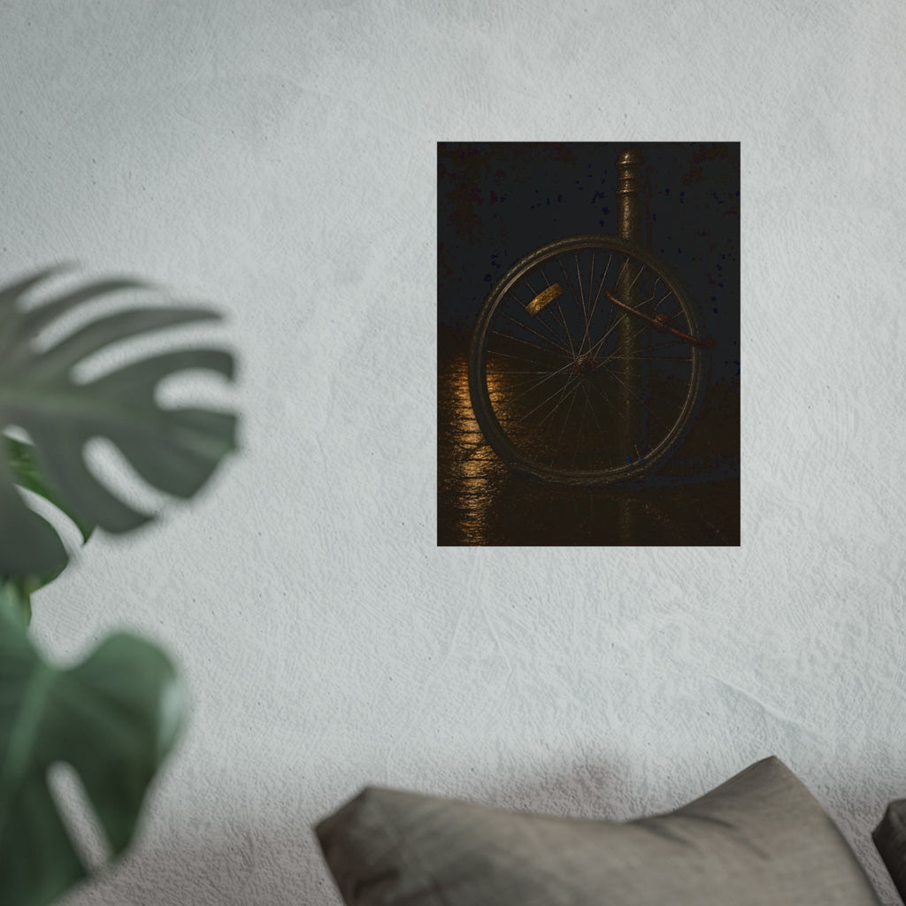 A bent bicycle wheel locked to a post on wet pavement. The Last Lock by Garabaggio, fine art print hanging in a room.