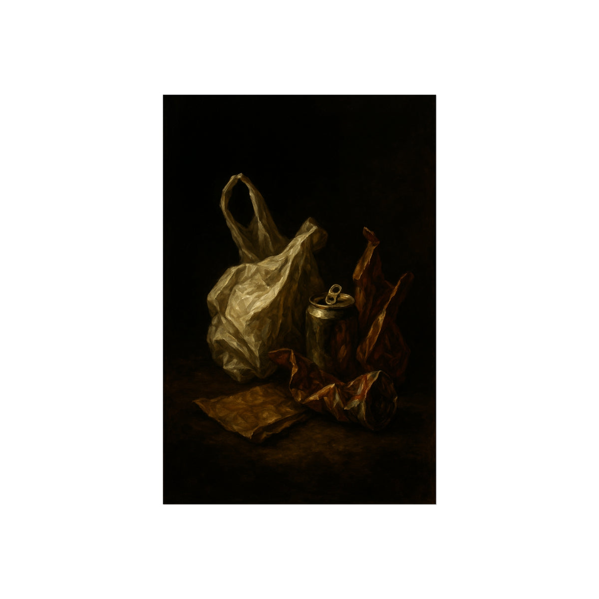 A crumpled plastic bag, crushed can and foil wrappers on a dark table. The Pietà of the Deflated by Garabaggio, fine art print hanging in a room.