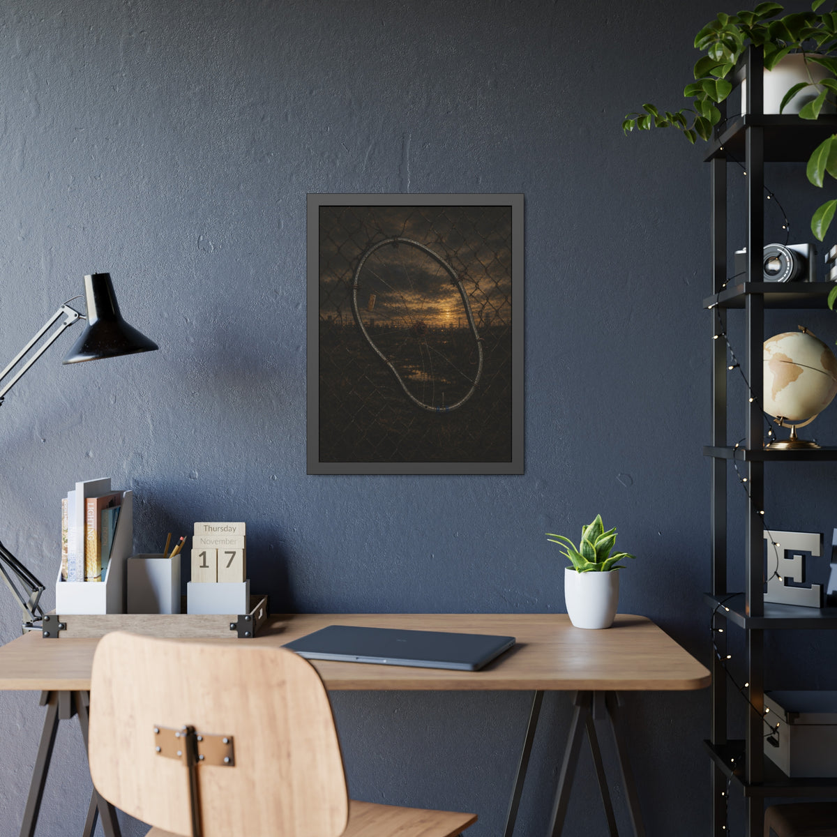 A bent bicycle wheel woven into a chain link fence against a dim sunset. The Fence Repair by Garabaggio, framed fine art print hanging in a room.