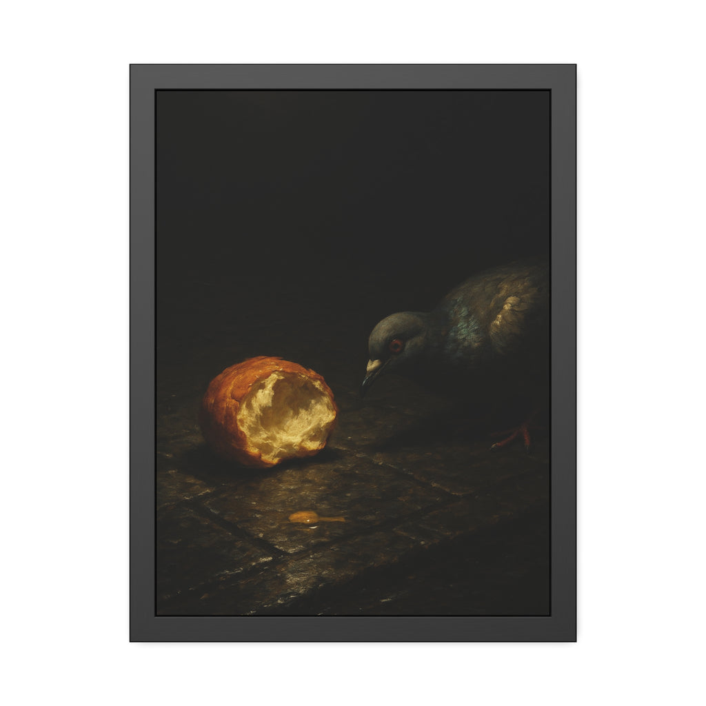 A pigeon leaning toward a torn bread roll on wet paving stones. The Offering of the Discarded Bun by Garabaggio, framed fine art print hanging in a room.