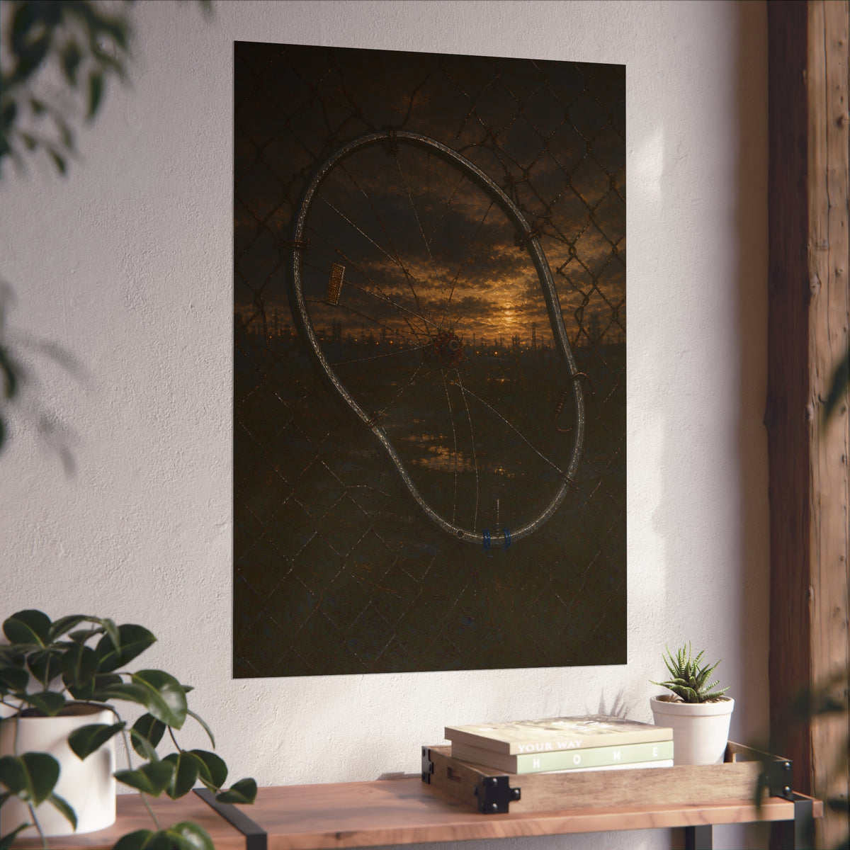 A bent bicycle wheel woven into a chain link fence against a dim sunset. The Fence Repair by Garabaggio, fine art print hanging in a room.