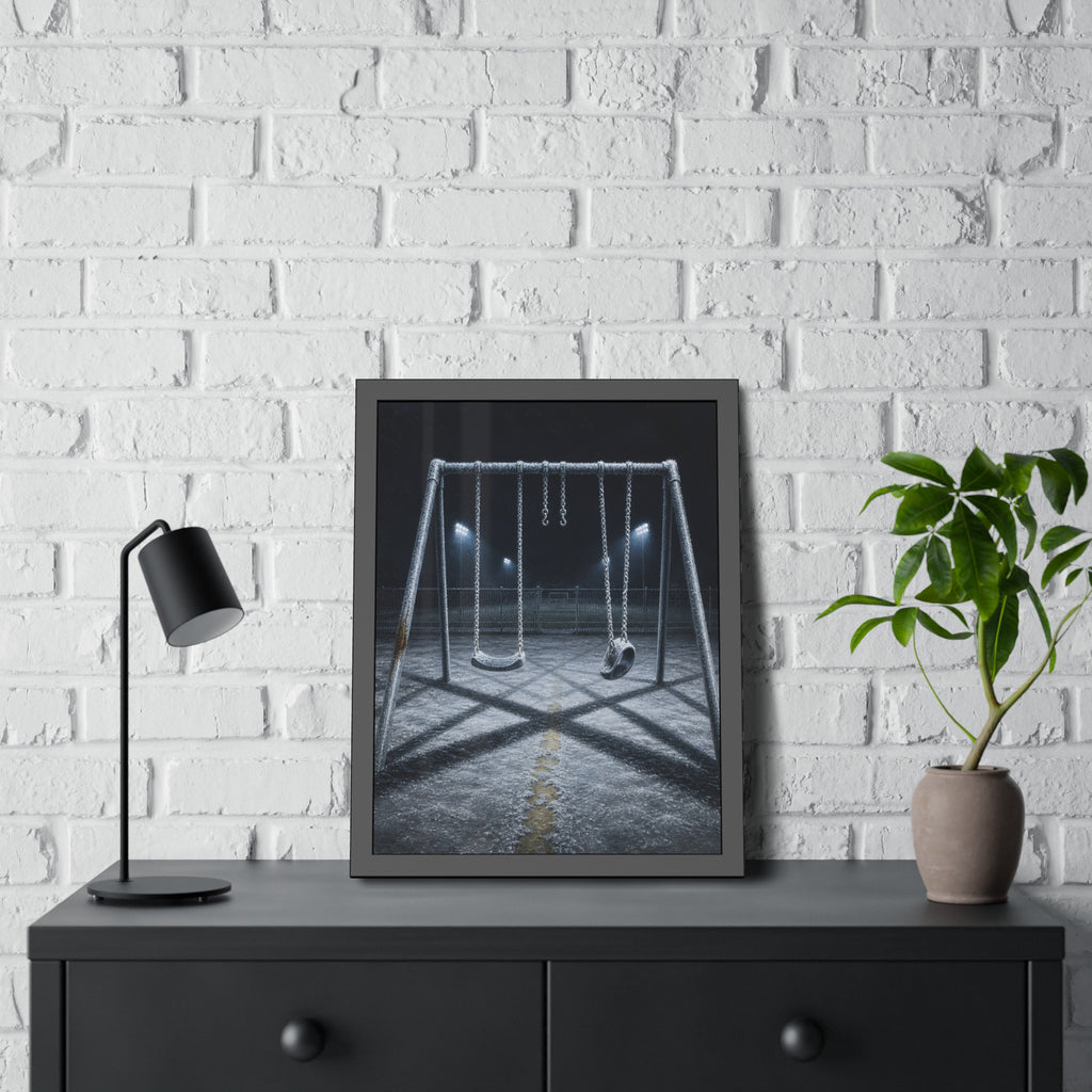 A frost covered swing set on empty asphalt under distant floodlights. The Third Hour: The Coldest Part by Garabaggio, framed fine art print hanging in a room.