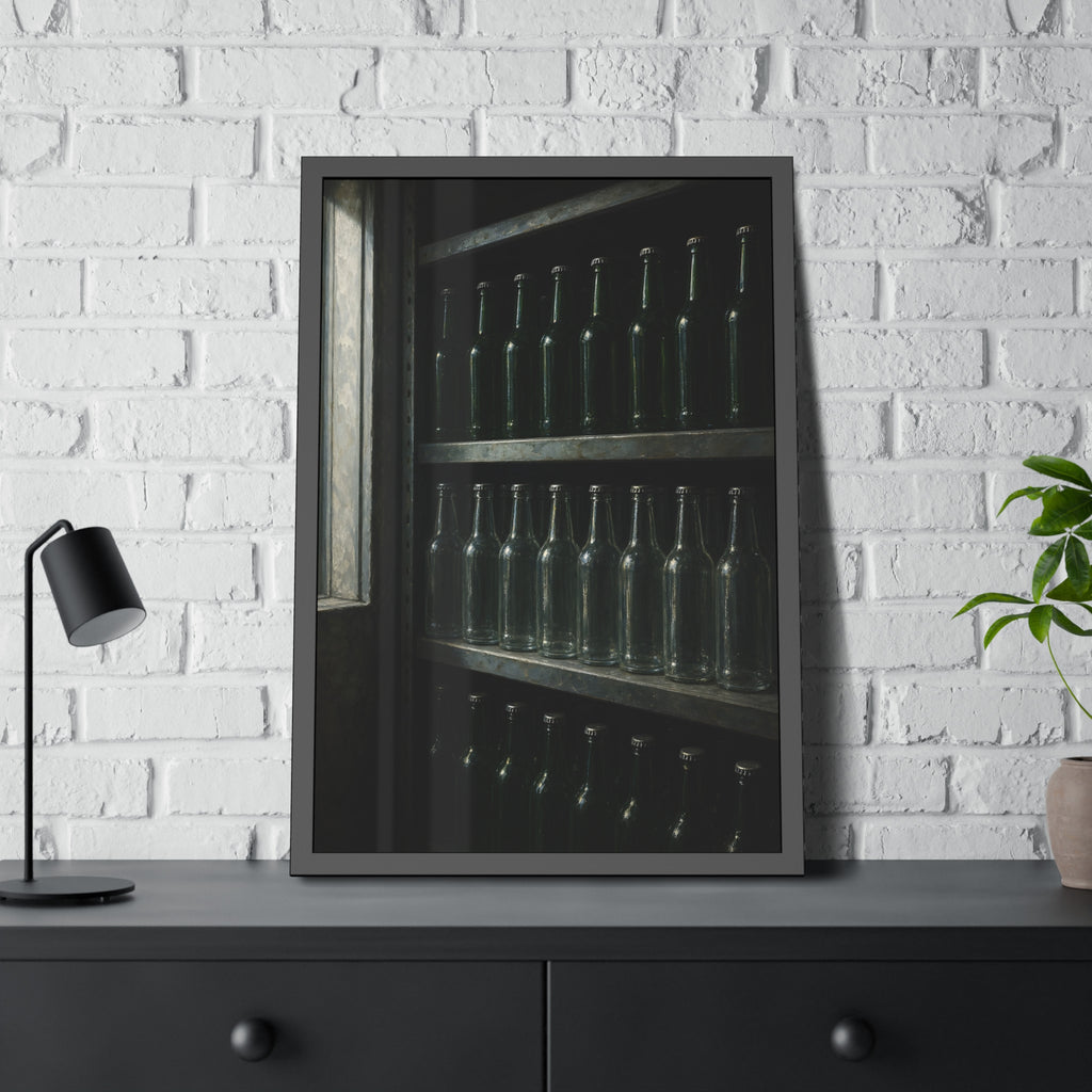 Rows of empty bottles on dim metal shelves, green above and clear below. The Shelf of New Bottles by Garabaggio, framed fine art print hanging in a room.