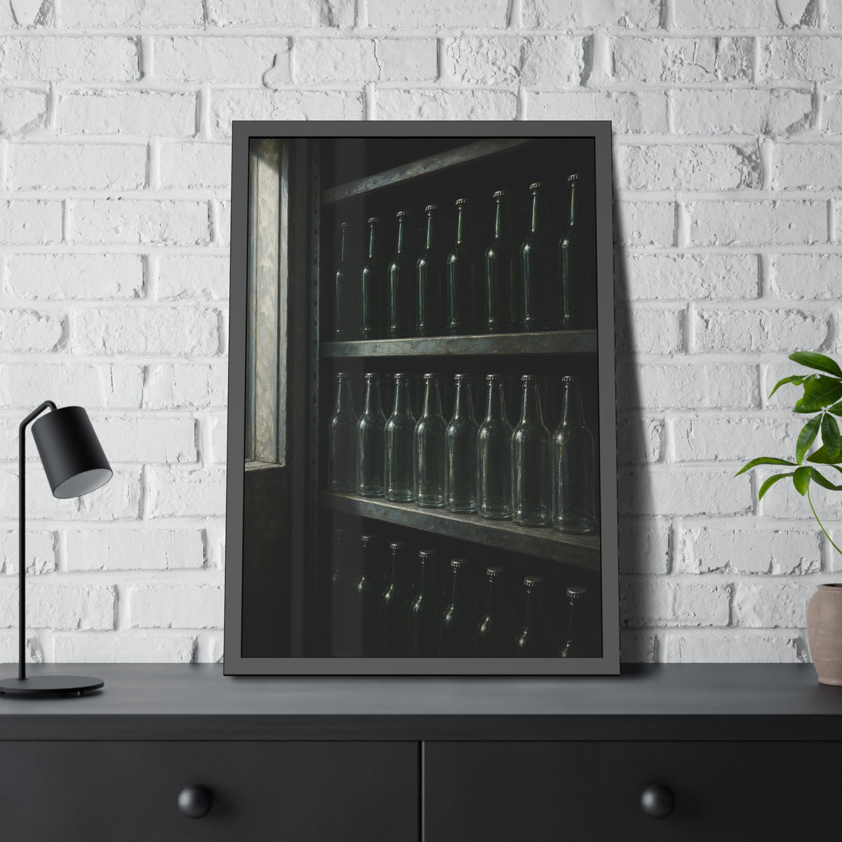 Rows of empty bottles on dim metal shelves, green above and clear below. The Shelf of New Bottles by Garabaggio, framed fine art print hanging in a room.
