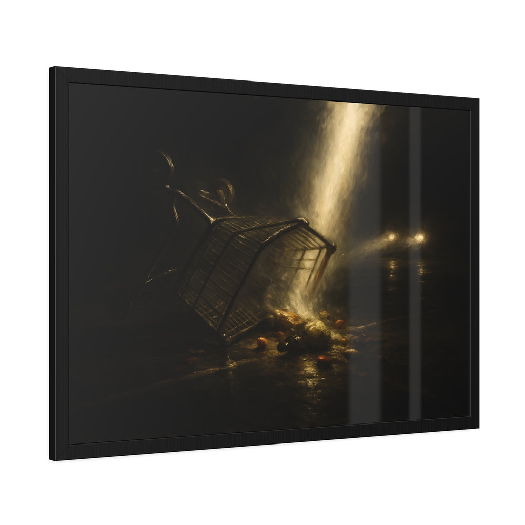 A tipped shopping cart spilling groceries in a shaft of light. The Conversion of the Shopping Cart by Garabaggio, framed fine art print hanging in a room.