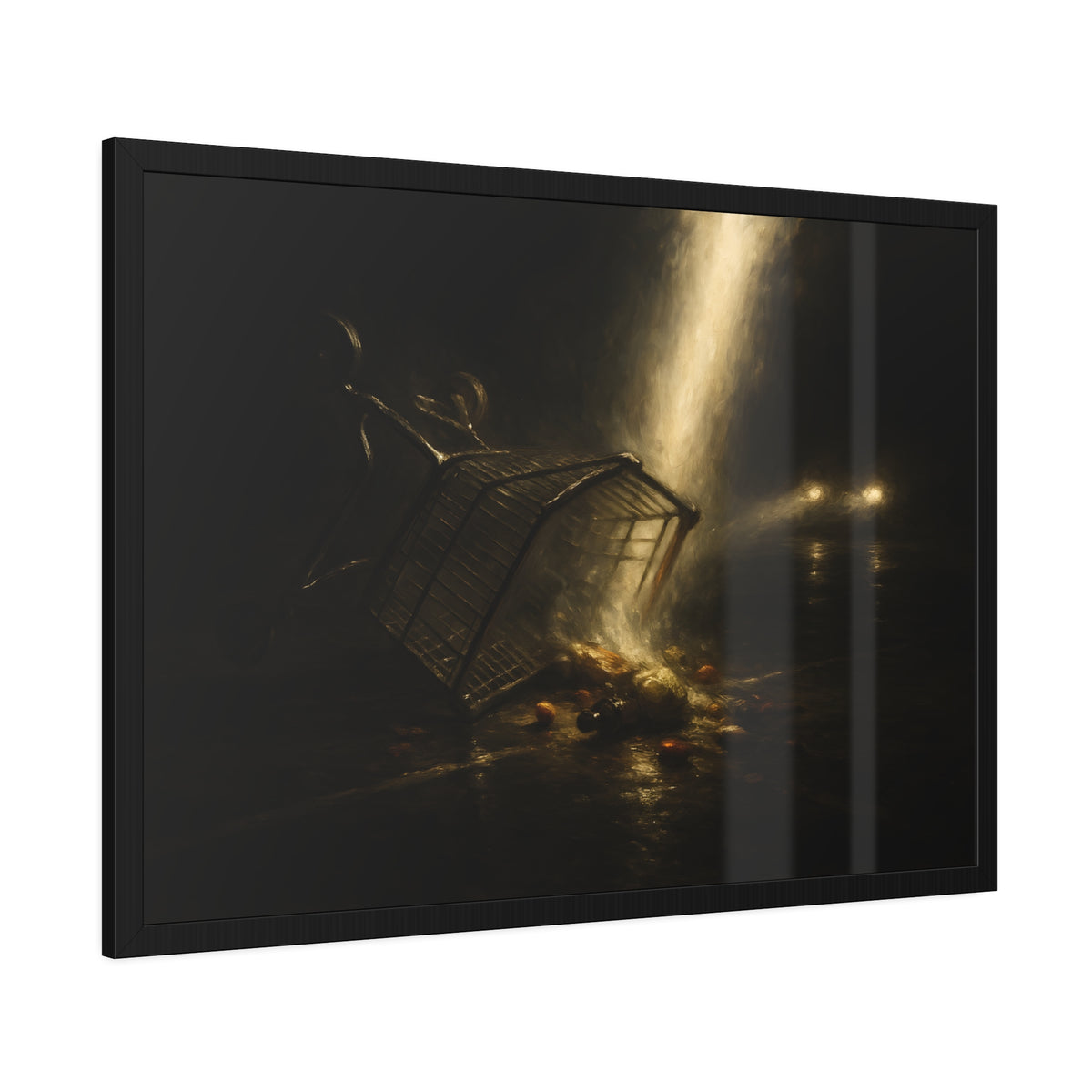A tipped shopping cart spilling groceries in a shaft of light. The Conversion of the Shopping Cart by Garabaggio, framed fine art print hanging in a room.