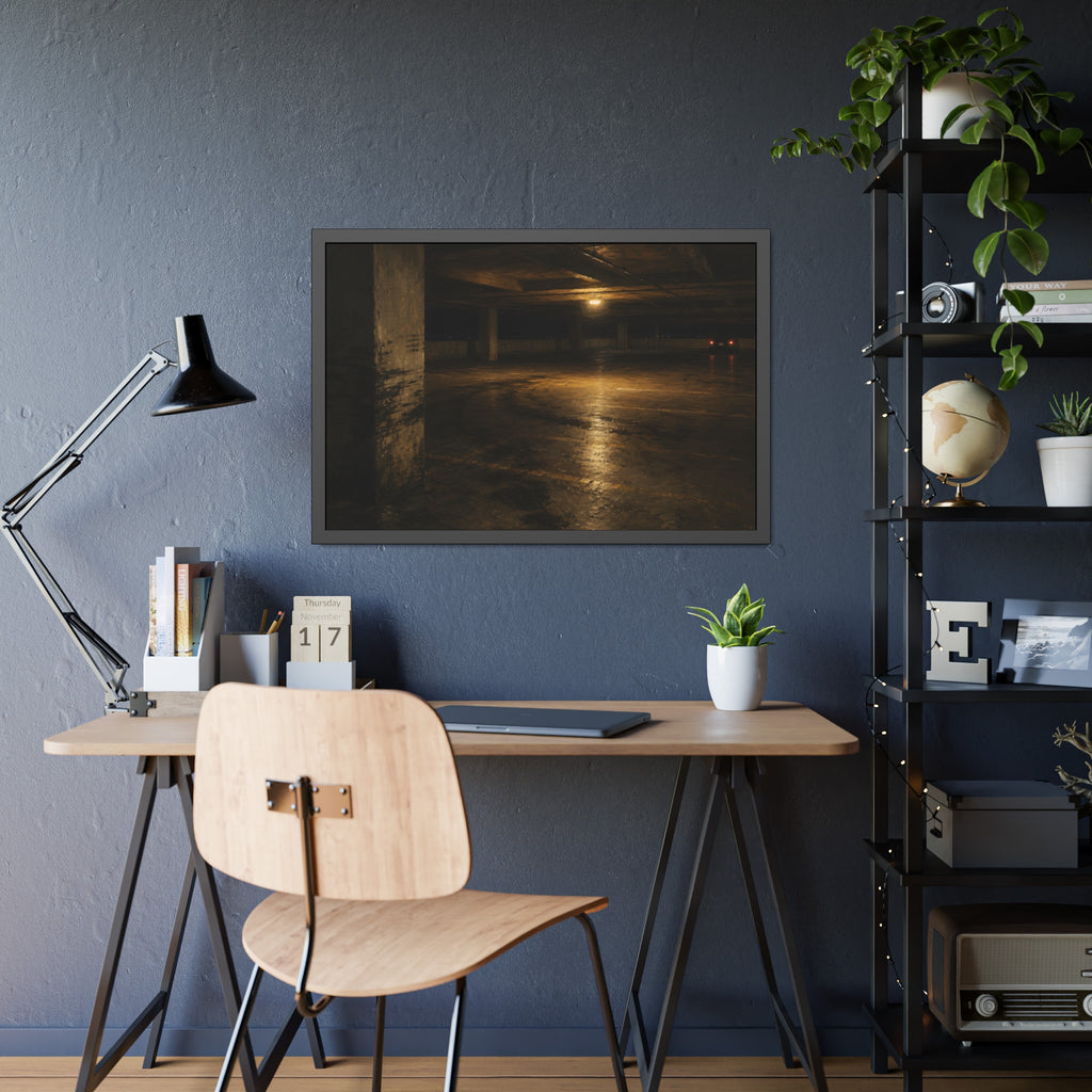 An empty concrete parking deck lit by one ceiling lamp, tail lights beyond. The Parking Garage, Level 4 by Garabaggio, framed fine art print hanging in a room.