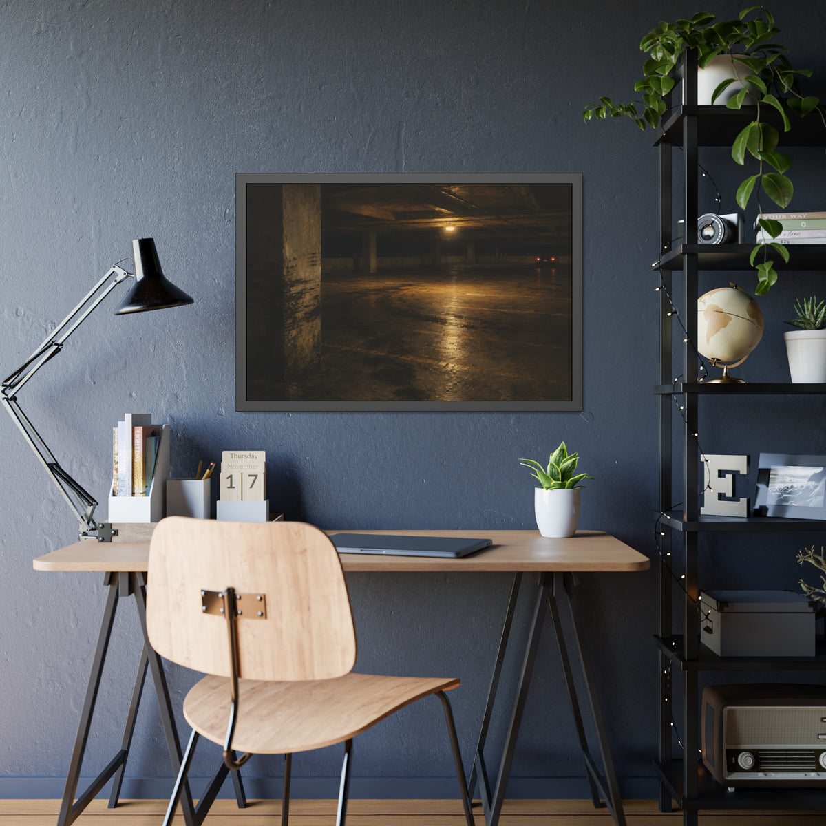 An empty concrete parking deck lit by one ceiling lamp, tail lights beyond. The Parking Garage, Level 4 by Garabaggio, framed fine art print hanging in a room.