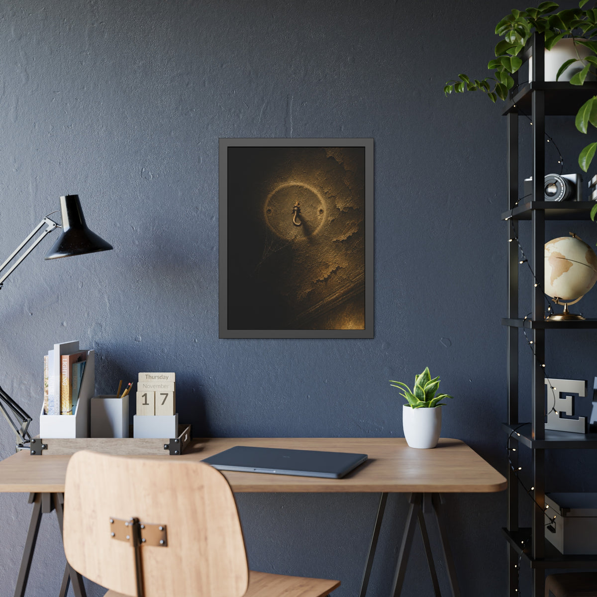 A small empty hook on a cracked ceiling, lit from one side. The Hook Without a Burden by Garabaggio, framed fine art print hanging in a room.