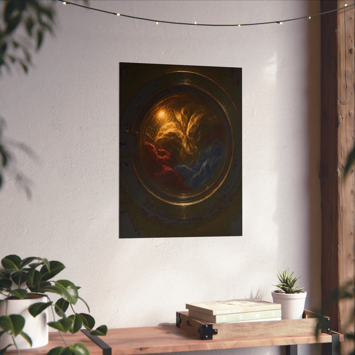 Colored laundry tumbling behind a round washer window in the dark. The Rose Window Turning by Garabaggio, fine art print hanging in a room.
