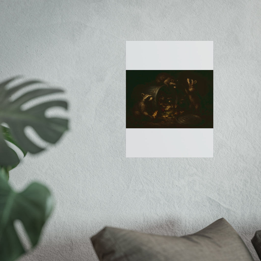 Raccoons around a tipped metal trash can, scattering food scraps. The Vigil of the Midnight Feast by Garabaggio, fine art print hanging in a room.