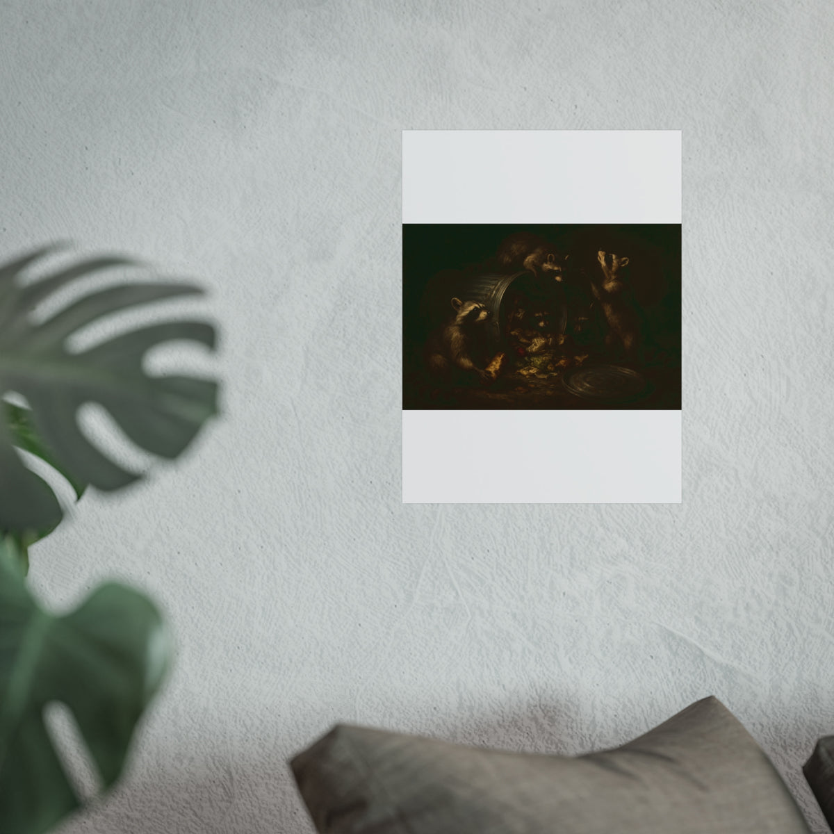 Raccoons around a tipped metal trash can, scattering food scraps. The Vigil of the Midnight Feast by Garabaggio, fine art print hanging in a room.