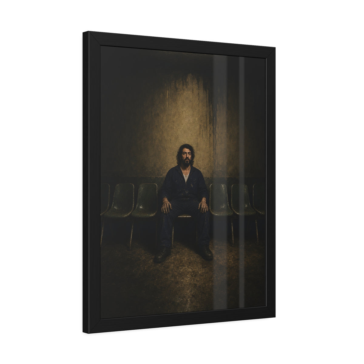 A man sits in the middle of a row of empty chairs under a wall light. Garabaggio Takes the Middle Chair by Garabaggio, framed fine art print hanging in a room.