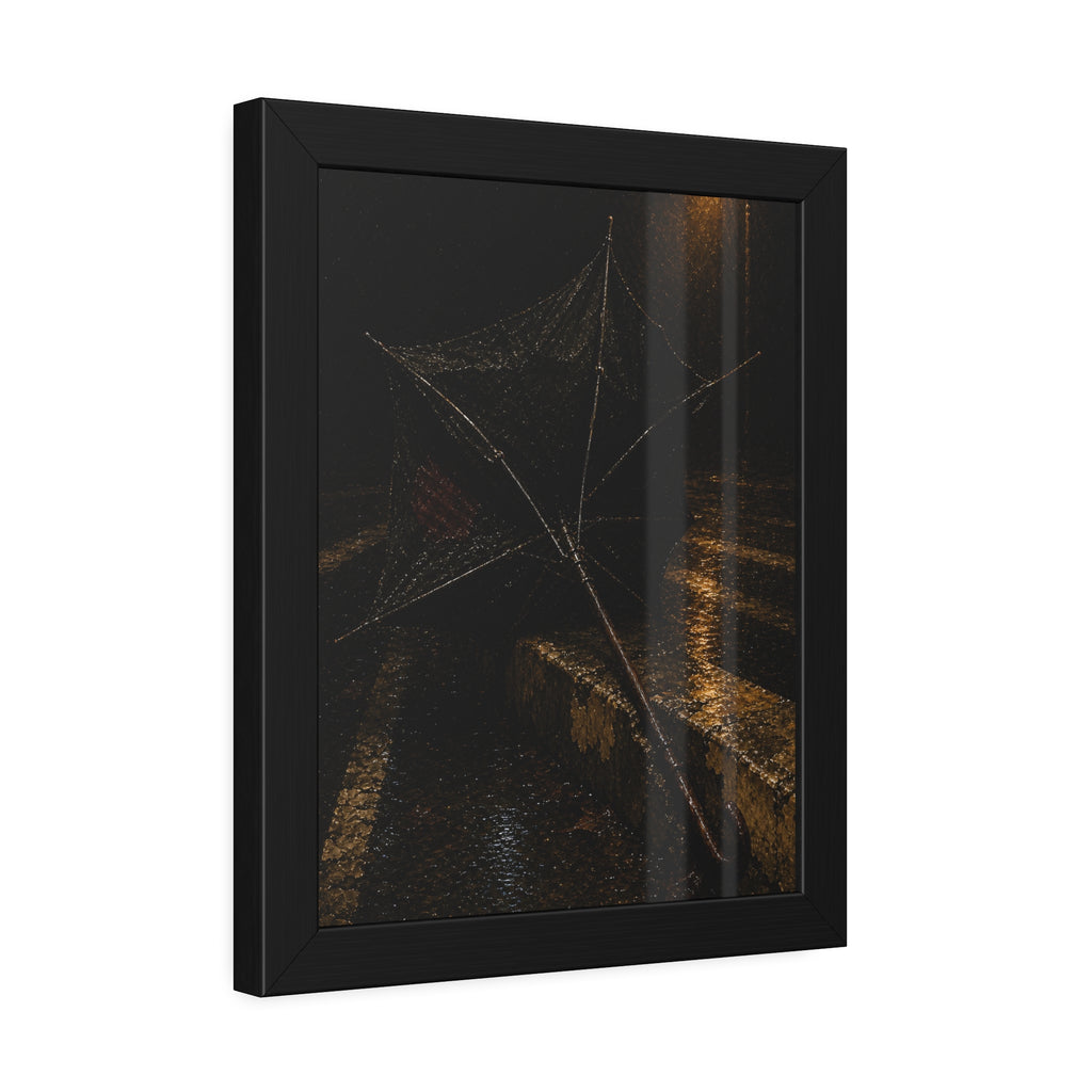A broken umbrella inside out on a wet curb under a street lamp. The Inversion at the Median by Garabaggio, framed fine art print hanging in a room.