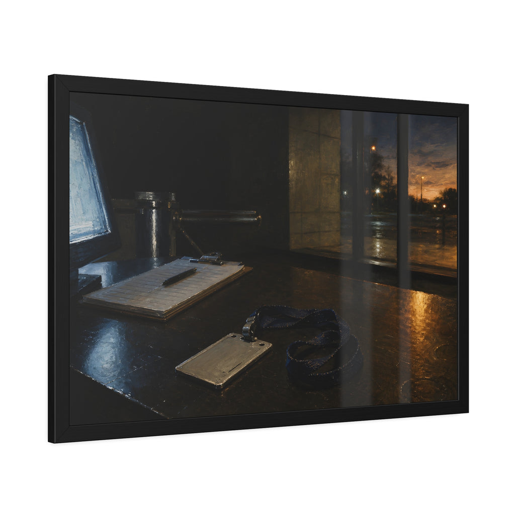 An ID badge and lanyard left on a security desk beside a lit monitor. The Badge on the Security Desk by Garabaggio, framed fine art print hanging in a room.