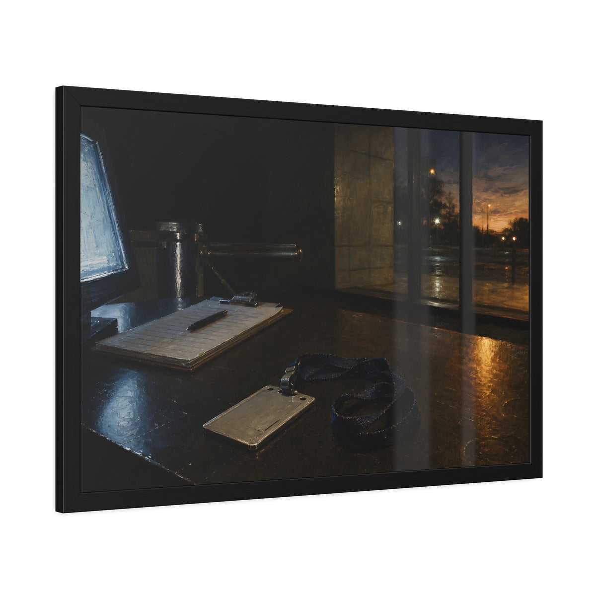 An ID badge and lanyard left on a security desk beside a lit monitor. The Badge on the Security Desk by Garabaggio, framed fine art print hanging in a room.