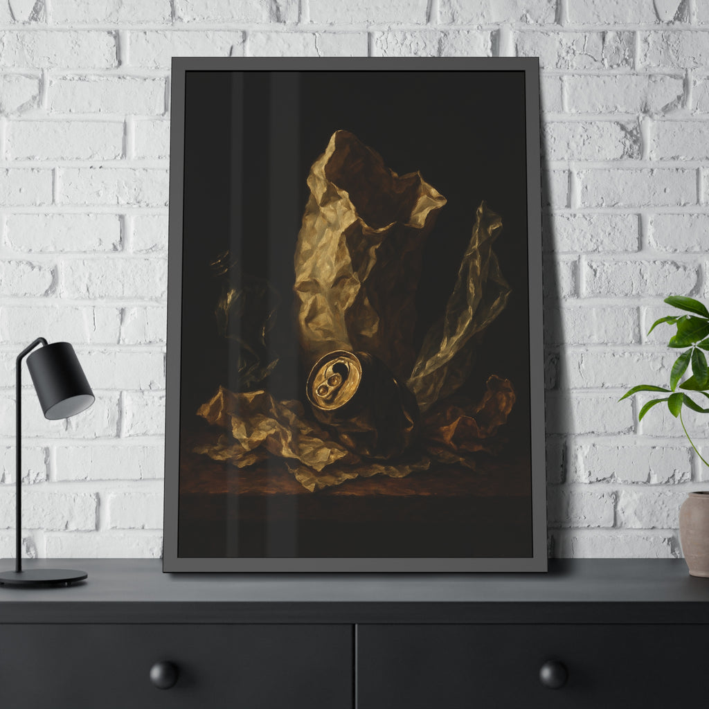 A crushed paper bag, dented can and flattened bottle on a dark table. Vanitas with Crumpled Bag by Garabaggio, framed fine art print hanging in a room.