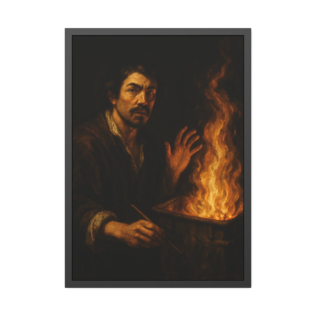 Man holding a paintbrush, his other hand raised beside tall flames. Self-Portrait with Brush and Flame by Garabaggio, framed fine art print hanging in a room.