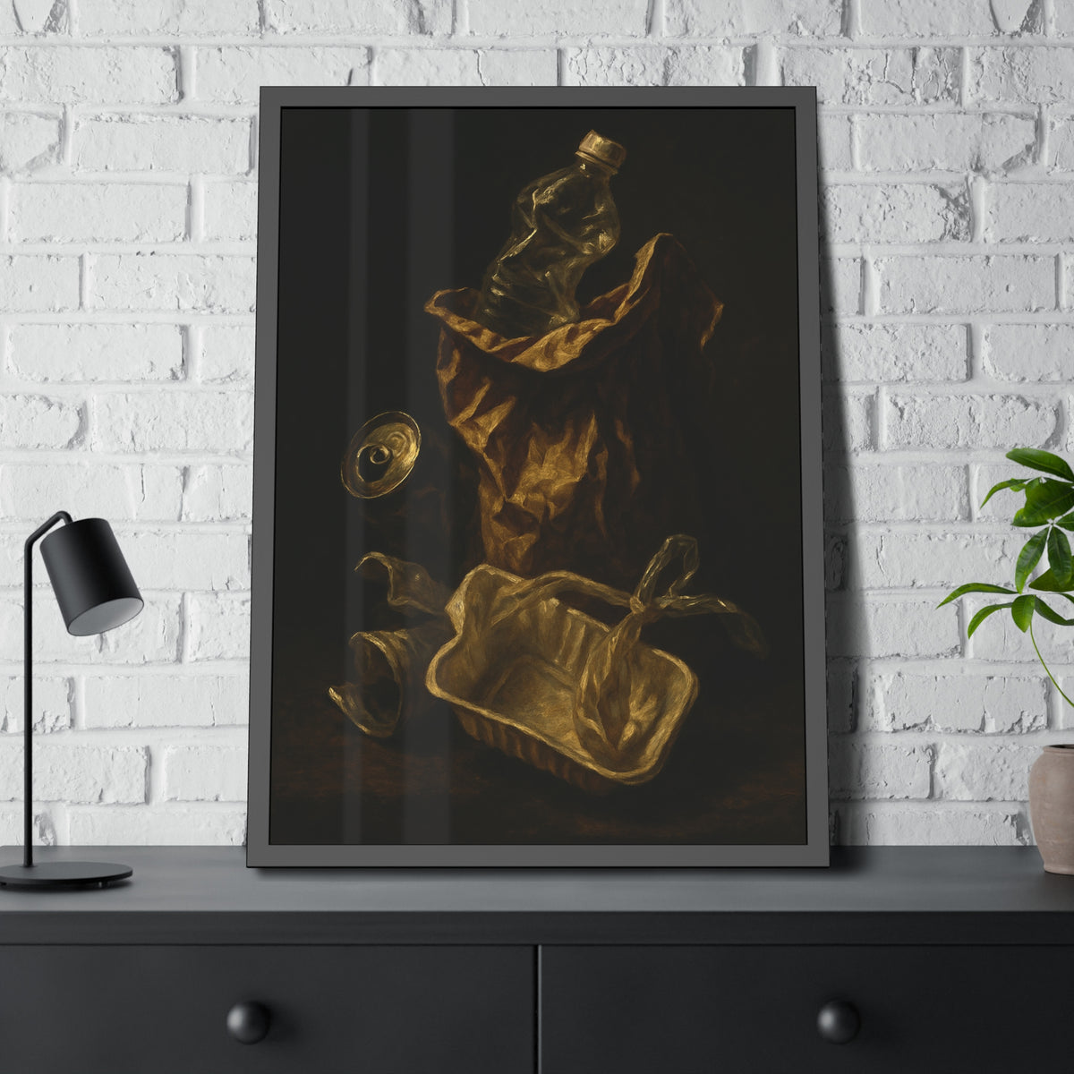 A paper bag, crushed bottle and foil tray lit against deep darkness. Reliquary of the Takeout by Garabaggio, framed fine art print hanging in a room.