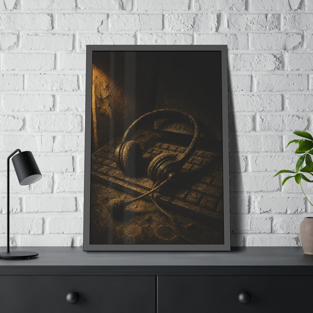 Dust covered headset resting on an old keyboard in brown light. Cubicles Under Dust by Garabaggio, framed fine art print hanging in a room.