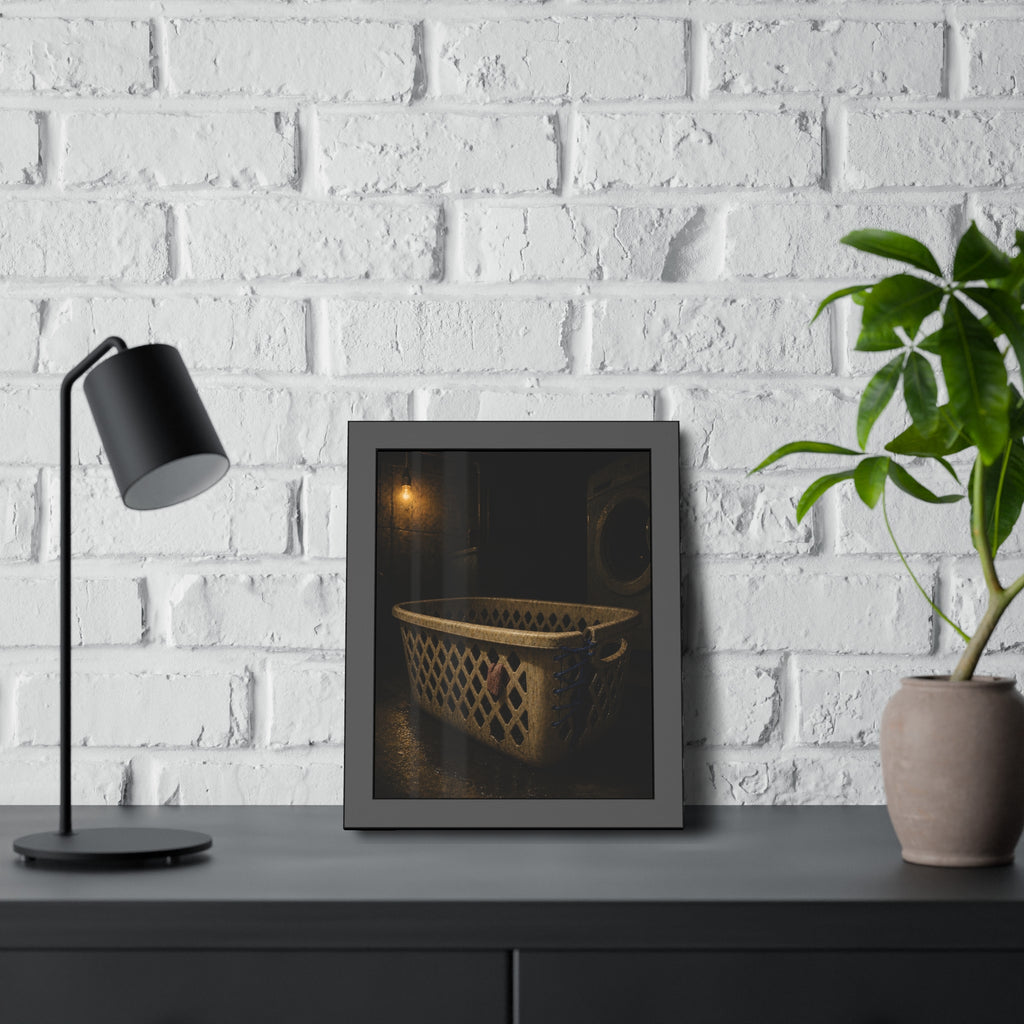 A laundry basket laced shut with blue cord under a bare bulb. The Binding with Blue Cord by Garabaggio, framed fine art print hanging in a room.