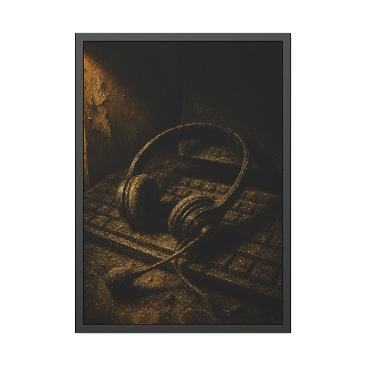 Dust covered headset resting on an old keyboard in brown light. Cubicles Under Dust by Garabaggio, framed fine art print, 28″ x 40″.