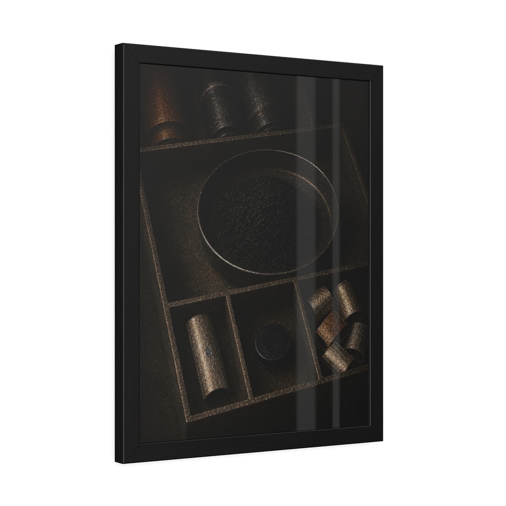 Battery casings and black powder sorted into the trays of a dim box. The Black Recovery by Garabaggio, framed fine art print hanging in a room.
