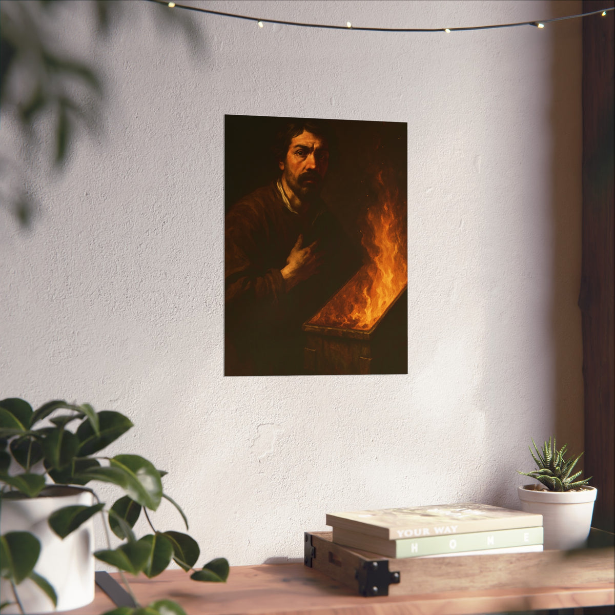 Man with a hand on his chest as flames run the length of a dumpster. Self-Portrait in the Final Hour by Garabaggio, fine art print hanging in a room.