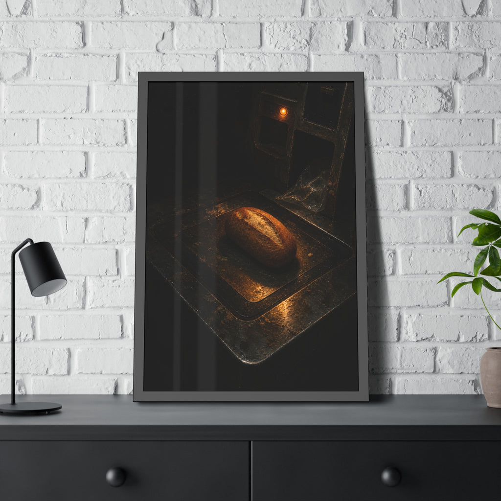 A loaf of bread alone on a dark self checkout weighing plate. The Witness at the Scale by Garabaggio, framed fine art print hanging in a room.