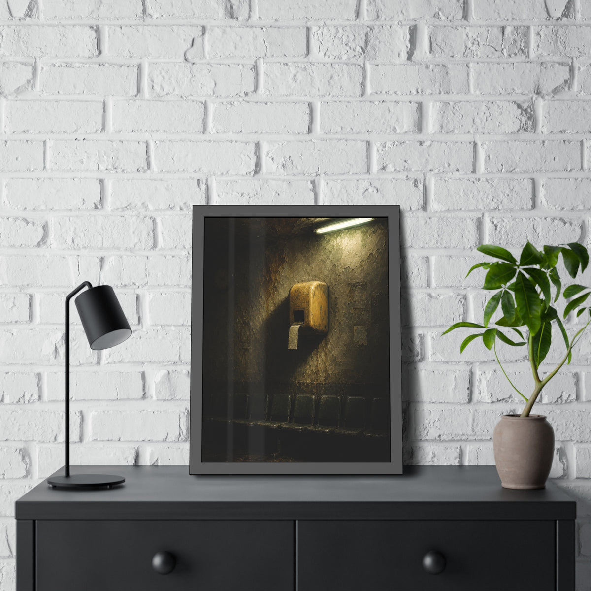 Yellow ticket dispenser on a stained wall above empty seats. Before the First Name by Garabaggio, framed fine art print hanging in a room.