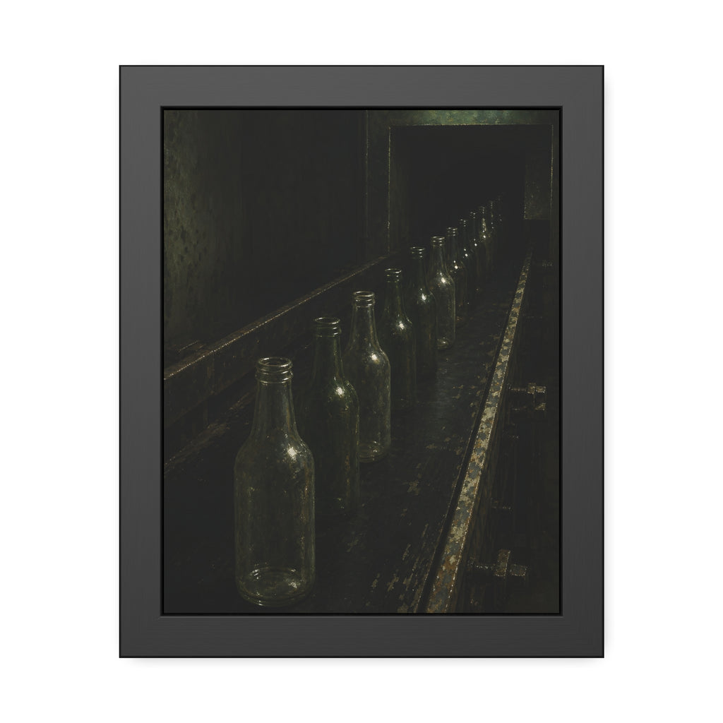 Empty glass bottles in a line on a conveyor under one fluorescent tube. The Procession of Bottles by Garabaggio, framed fine art print, 11″ x 14″.