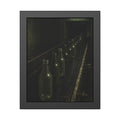 Empty glass bottles in a line on a conveyor under one fluorescent tube. The Procession of Bottles by Garabaggio, framed fine art print, 11″ x 14″.