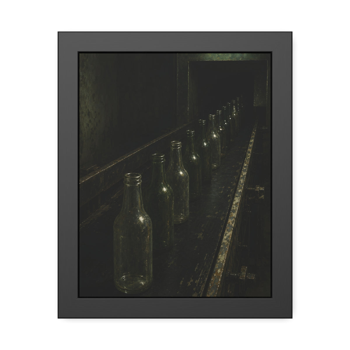 Empty glass bottles in a line on a conveyor under one fluorescent tube. The Procession of Bottles by Garabaggio, framed fine art print, 11″ x 14″.