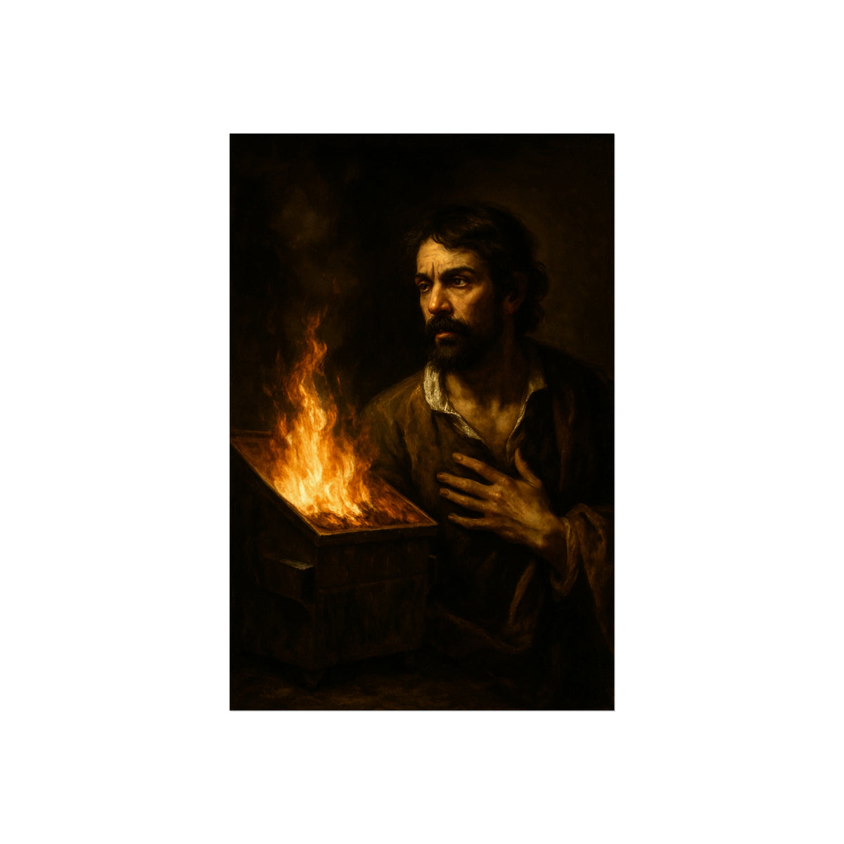 Man with a hand flat on his chest looking toward a low burning bin. Self-Portrait with Oath by Garabaggio, fine art print hanging in a room.