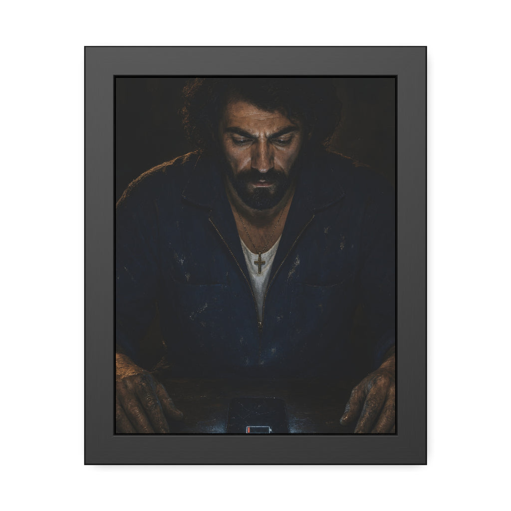 A man in a work jacket looks down at a phone showing a red low battery icon. The Calling at One Percent by Garabaggio, framed fine art print, 11″ x 14″.
