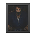 A man in a work jacket looks down at a phone showing a red low battery icon. The Calling at One Percent by Garabaggio, framed fine art print, 11″ x 14″.