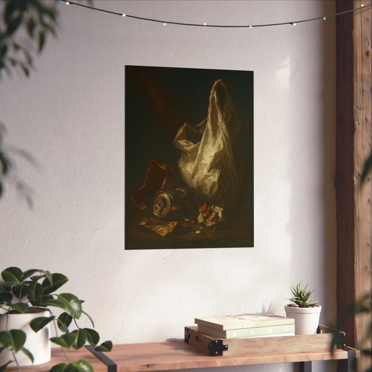 A white plastic bag standing upright in a shaft of light. The Annunciation of the Plastic Bag by Garabaggio, fine art print hanging in a room.