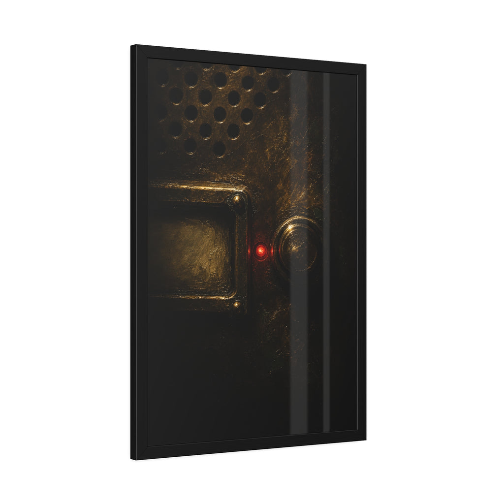 Close on an intercom nameplate and button with a small red light. The First Buzz at Dusk by Garabaggio, framed fine art print hanging in a room.