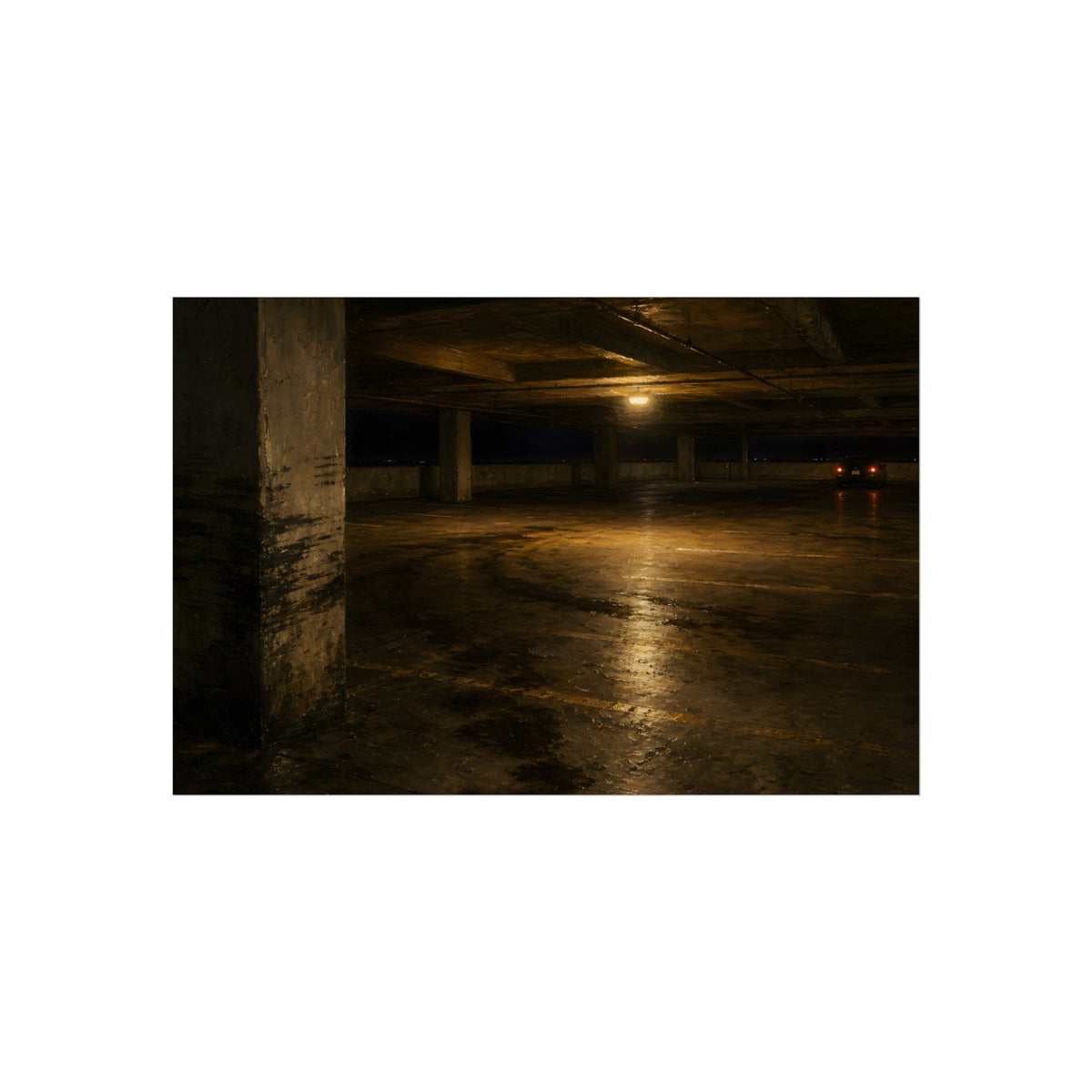 An empty concrete parking deck lit by one ceiling lamp, tail lights beyond. The Parking Garage, Level 4 by Garabaggio, fine art print, 36″ x 24″.