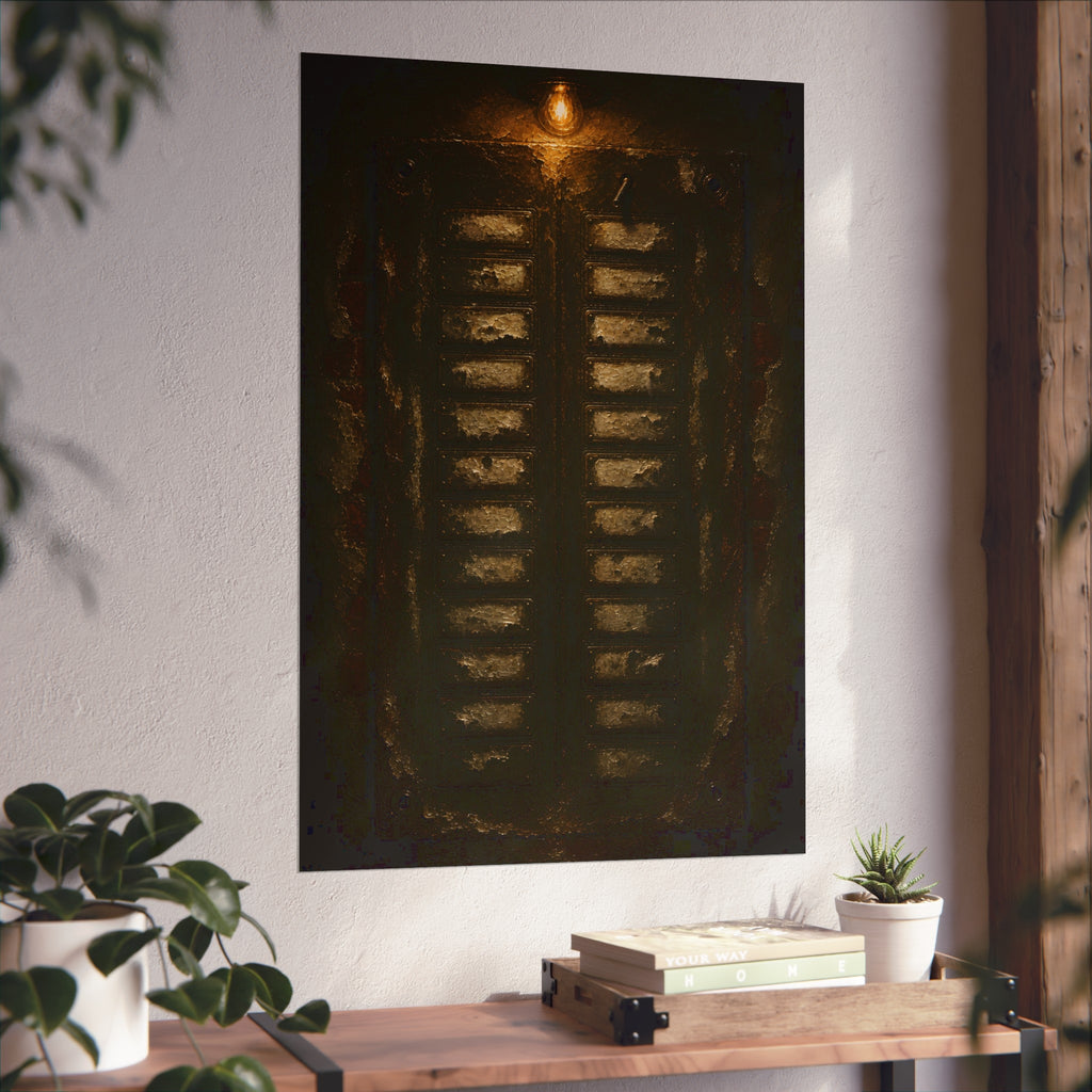 An apartment intercom panel with blank nameplates, lit from above. The Labels Removed by Garabaggio, fine art print hanging in a room.