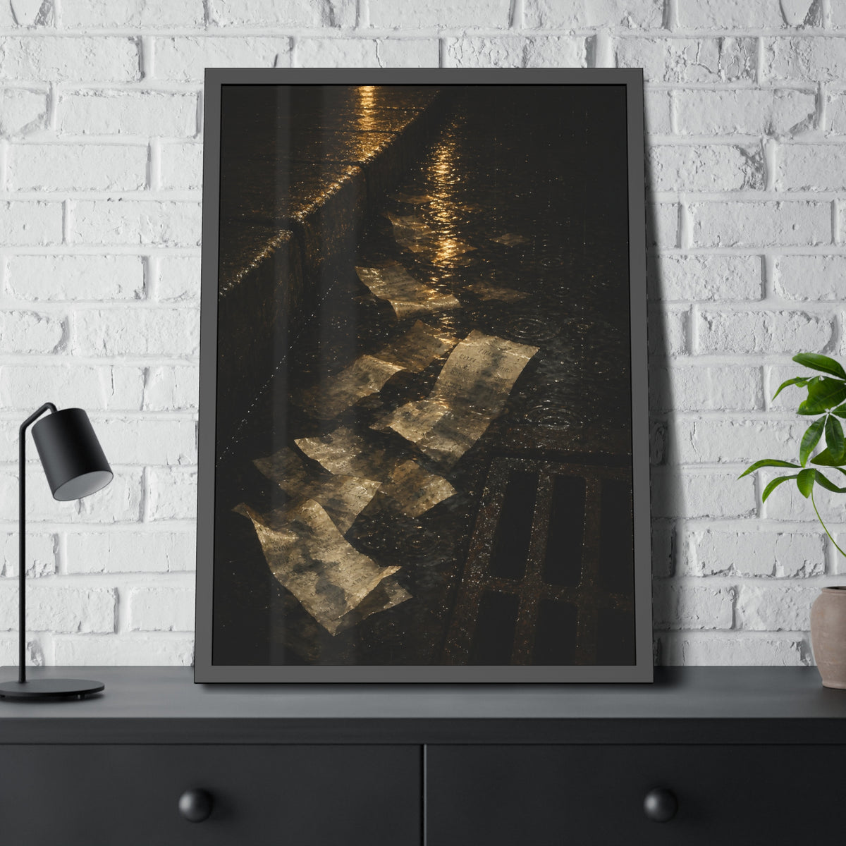 Wet receipts scattered in a gutter beside a storm drain in the rain. The Audit in Rain by Garabaggio, framed fine art print hanging in a room.