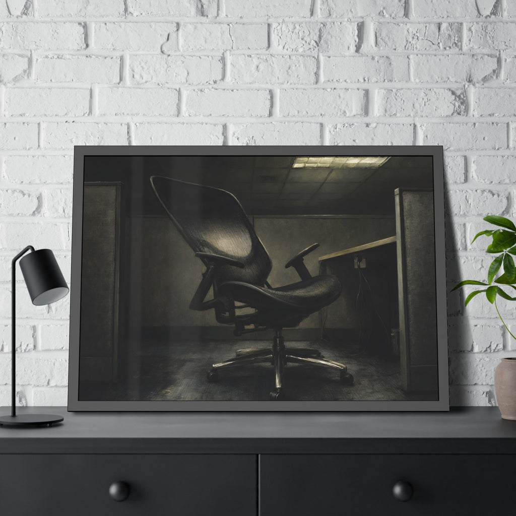 An office chair tilted back in an empty cubicle under one ceiling light. The Ergonomic Chair, Unlocked by Garabaggio, framed fine art print hanging in a room.