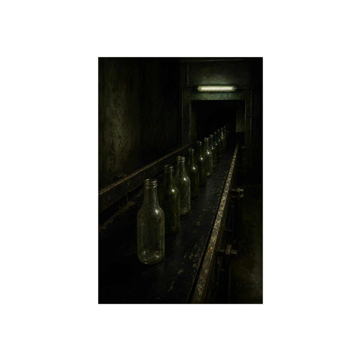 Empty glass bottles in a line on a conveyor under one fluorescent tube. The Procession of Bottles by Garabaggio, fine art print, 24″ x 36″.
