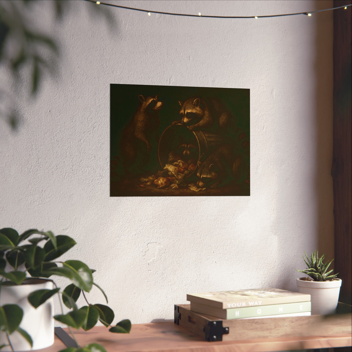 Four raccoons around a tipped metal trash can spilling food scraps. The Crowning with Crumbs by Garabaggio, fine art print hanging in a room.