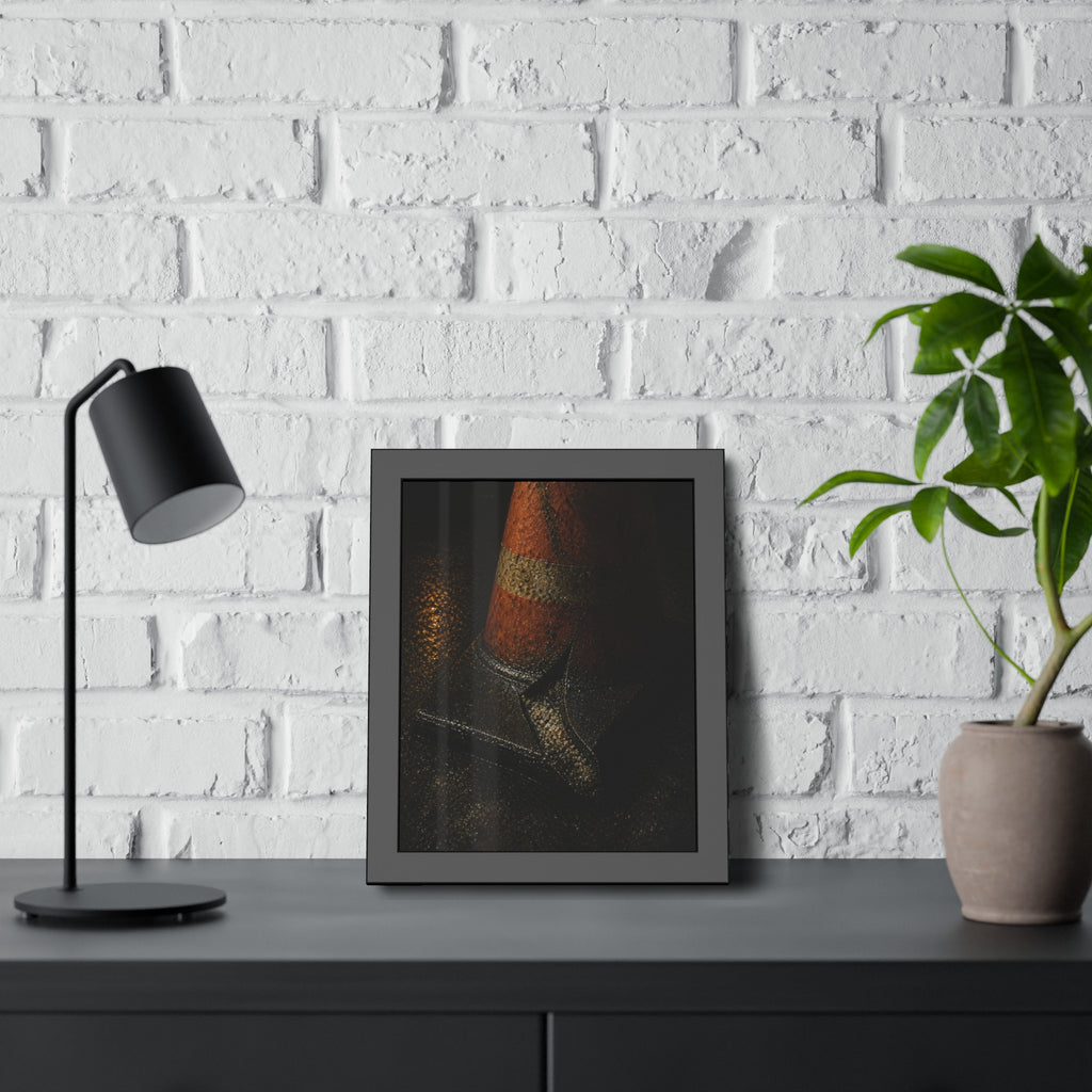 An orange traffic cone with a split base on wet asphalt at night. The Splitting of the Base by Garabaggio, framed fine art print hanging in a room.