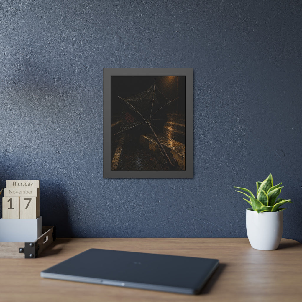 A broken umbrella inside out on a wet curb under a street lamp. The Inversion at the Median by Garabaggio, framed fine art print hanging in a room.