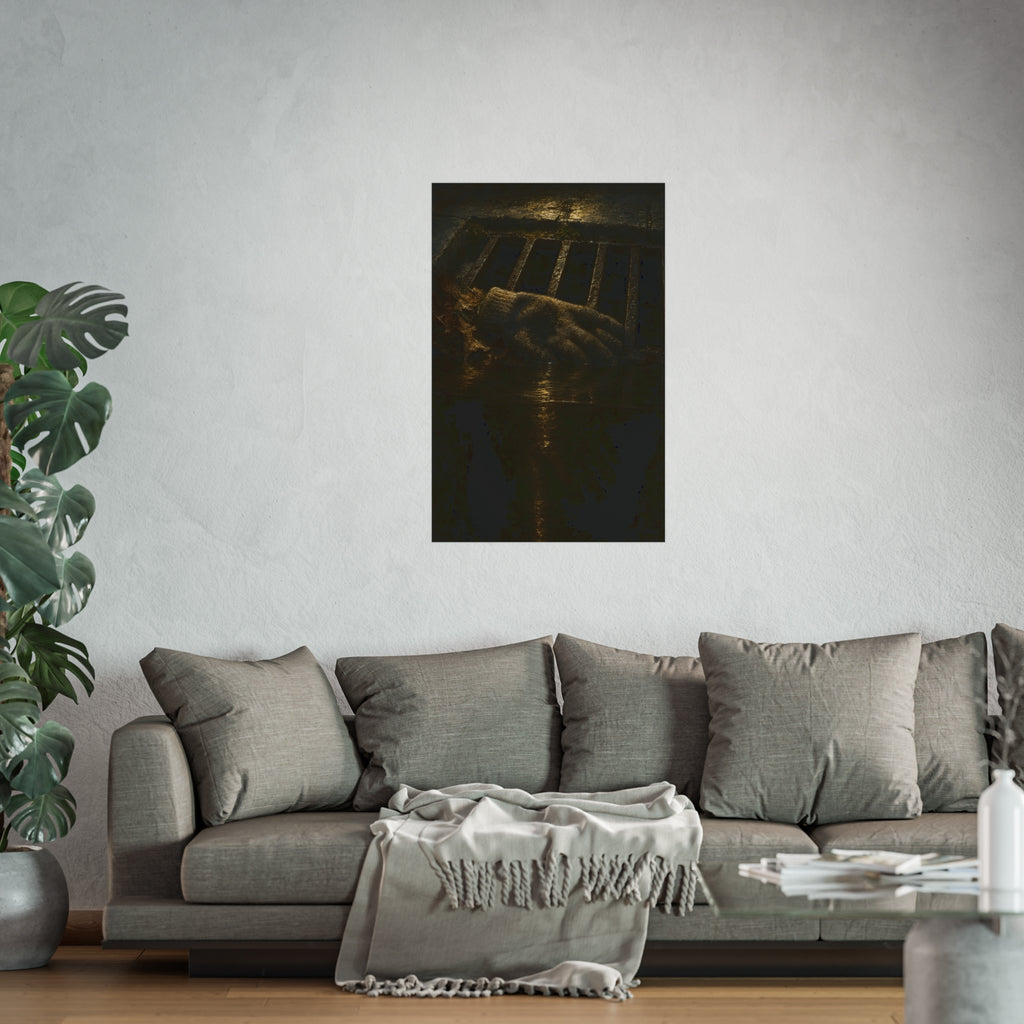 A single work glove on a storm drain grate above dark standing water. The Descent Into the Drain by Garabaggio, fine art print hanging in a room.
